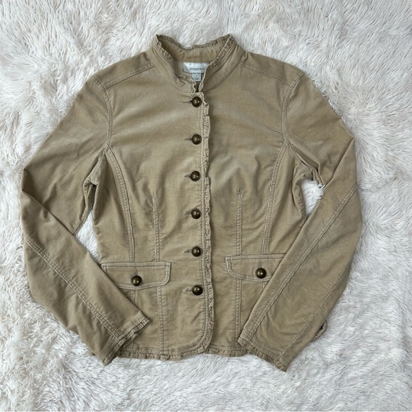 Dress Barn tan corduroy jacket button front ruffle collar hem cuffs Sz S - Picture 1 of 10
